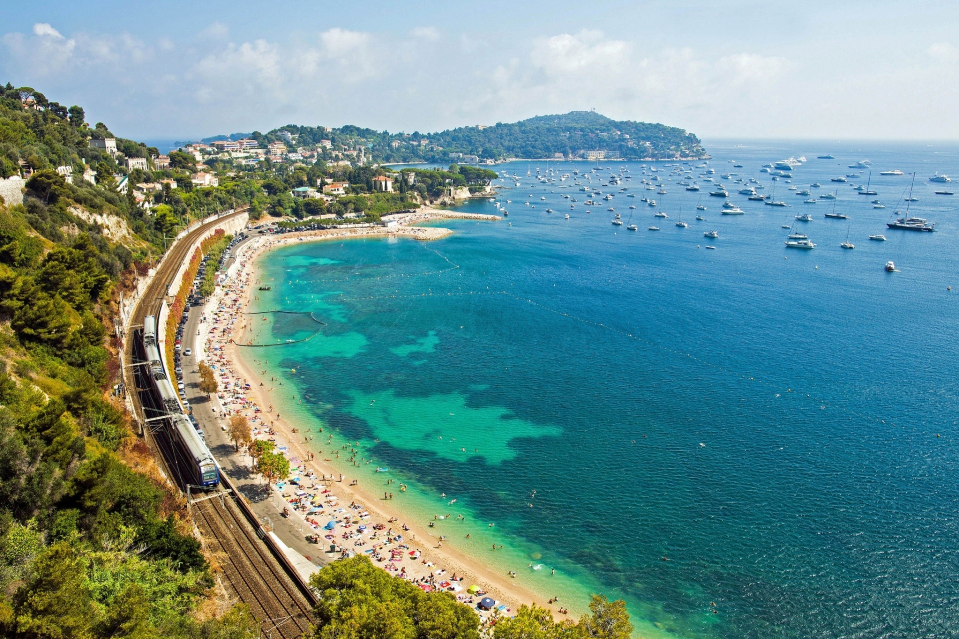 beach yachts coast france villefranche-sur-mer french riviera villefranche-sur-mer cote d azur qatar airways train mediterranean sea landscape panorama railway road