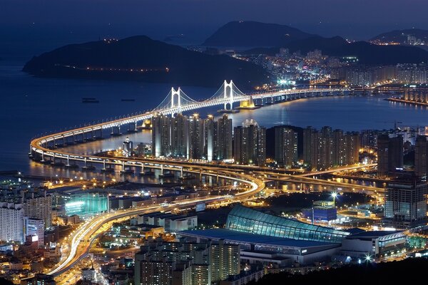 The famous bridge in the Korean city of Busan. Night and bright lights
