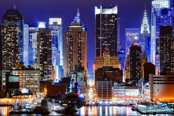 New York City at night in blue light