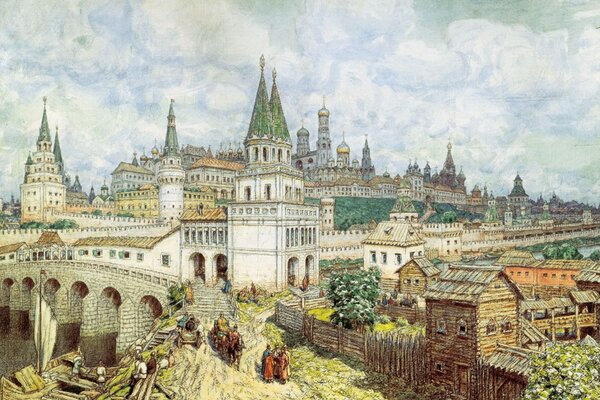 Image of ancient Russian antiquity, stone city on the background of log cabins