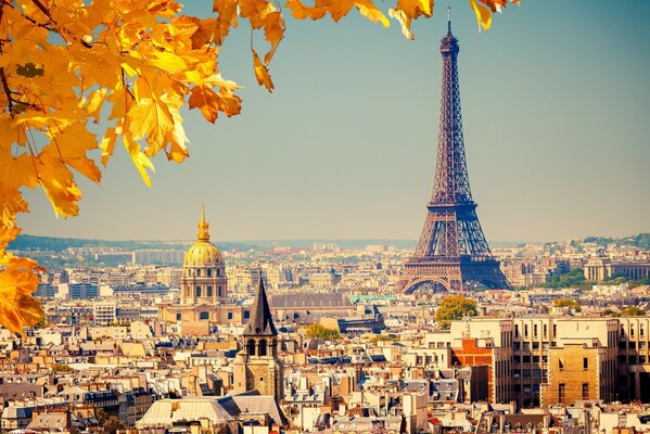 Jesienny widok na Wieżę Eiffla w Paryżu
