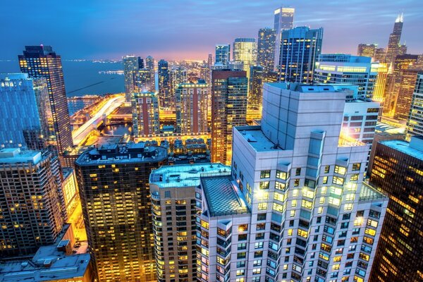 The lights of the skyscrapers of Chicago at night