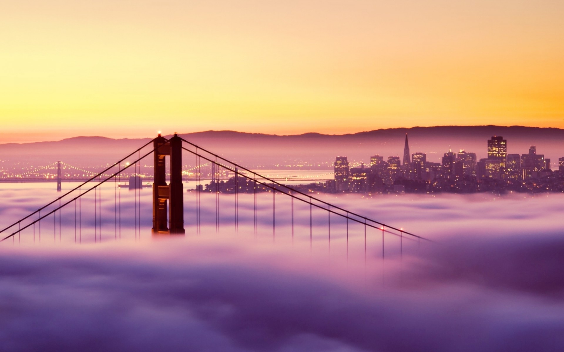 lichter sonnenuntergang brücke nebel gebäude san francisco