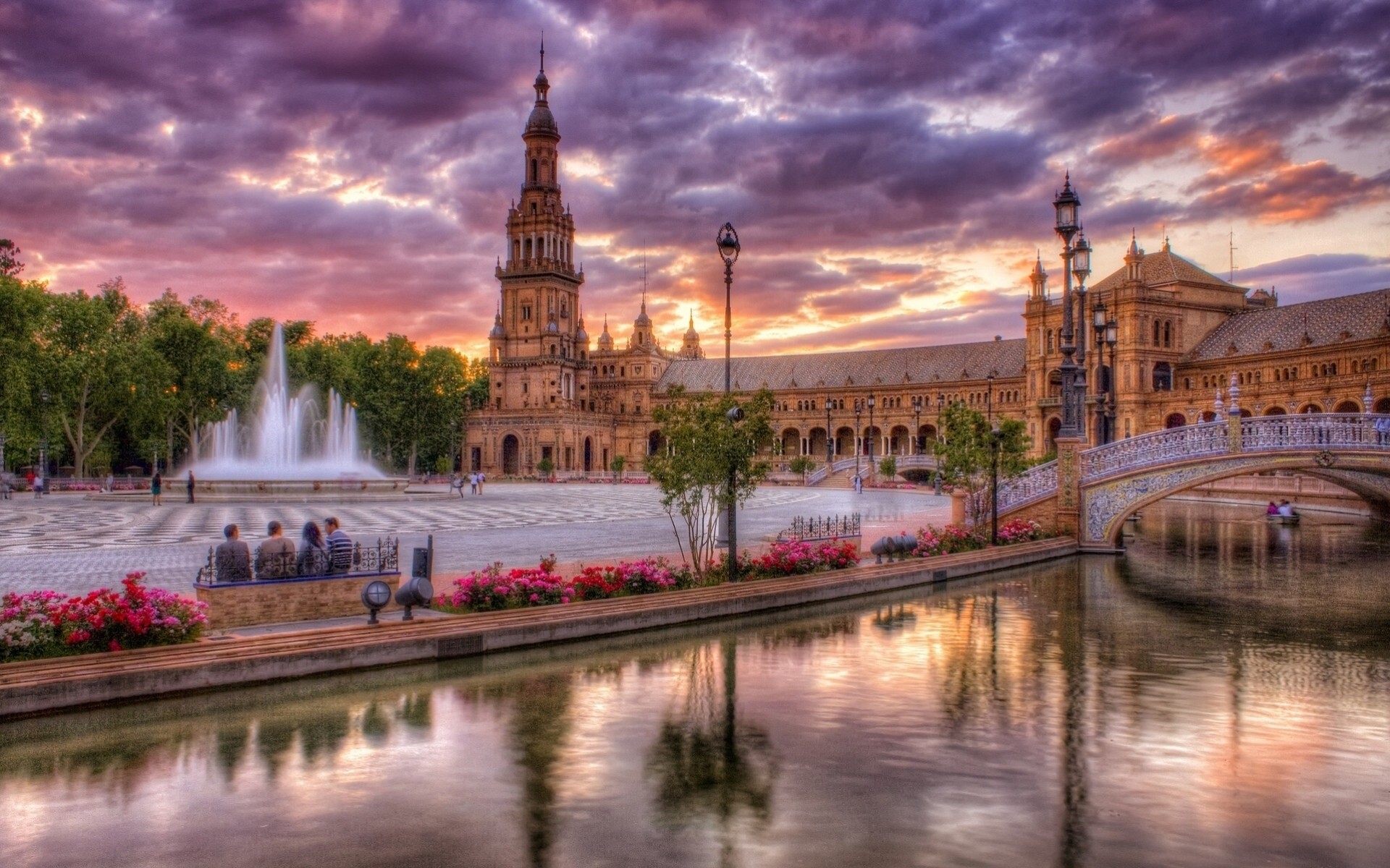 sevilla andalucía río puente luces fuente españa terraplén