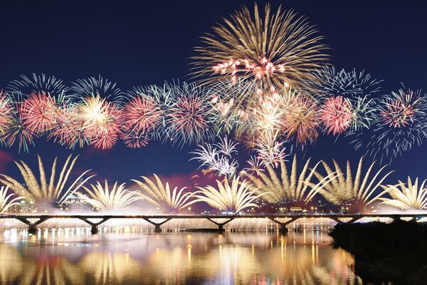 Fireworks over the bridge in the night sky