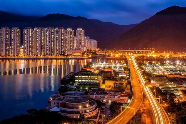 Lights of roads and buildings of Hong Kong at night