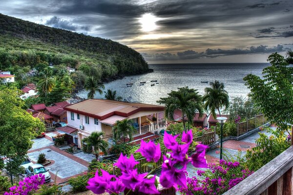 La casa de vacaciones se extiende sobre la berena del mar en palmaz y colores lila bajo el resplandor de la Luna