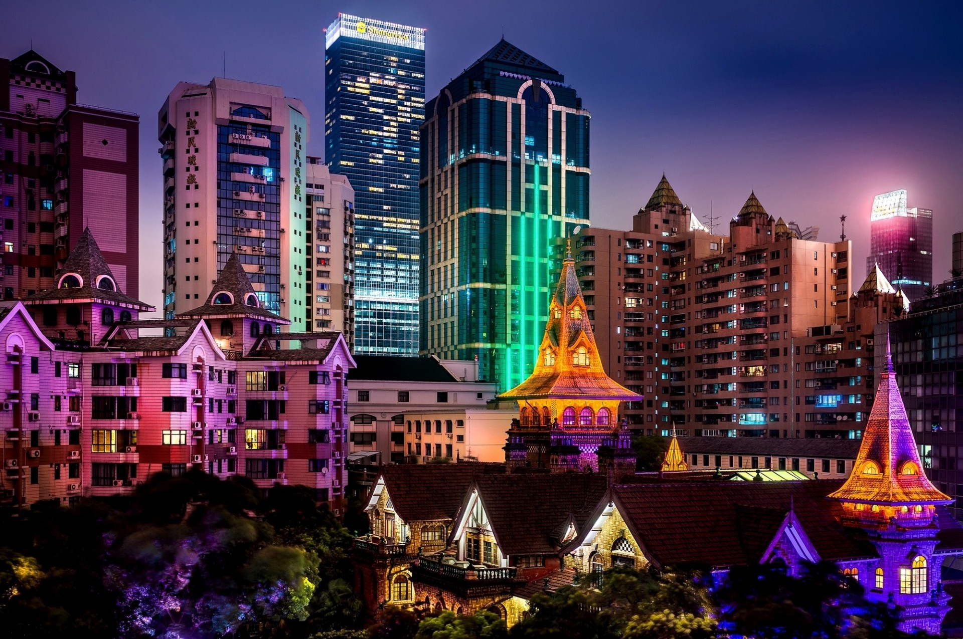 lights skyscraper night china asia tree light shanghai town building roof house