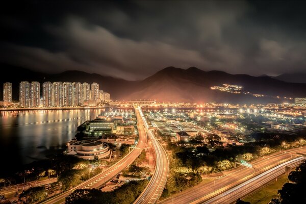 Lights and road of Hong Kong night