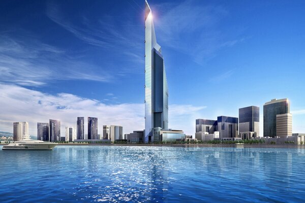 Torre a Dubai sullo sfondo della Baia Blu