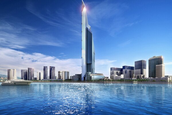 Башня в Дубае на фоне голубого залива