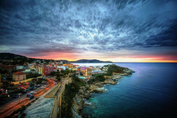 Bright sunset on the coast of France