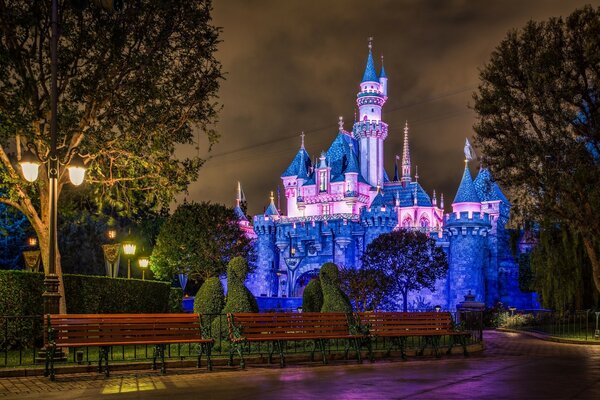 Bright glowing Disneyland on the background of benches