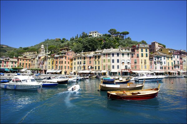 Portofino Bay with boats in Italy
