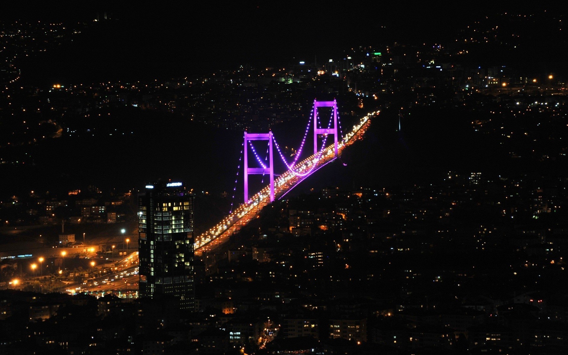 light istanbul night black bridge turkey town