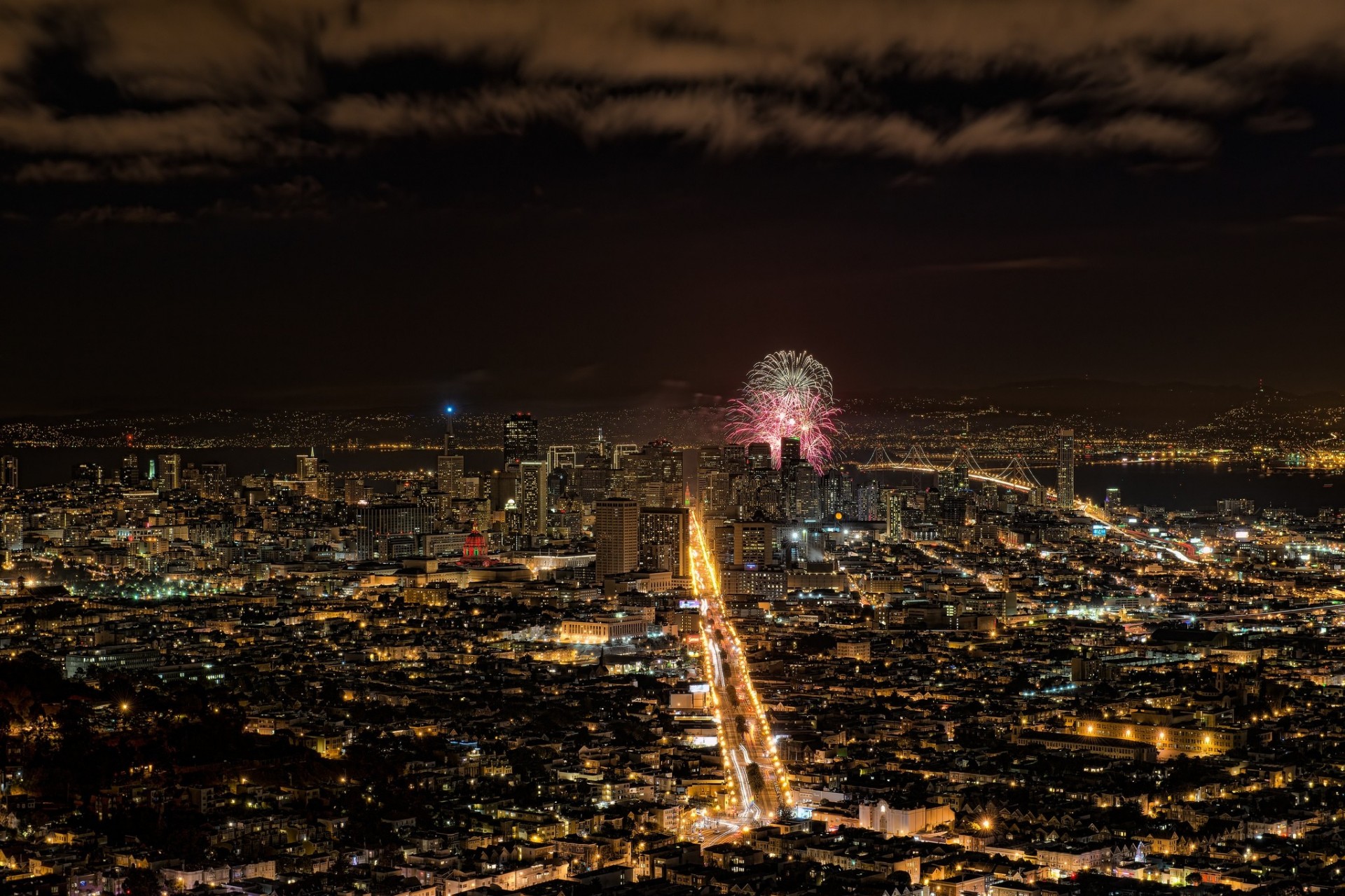 usa night fireworks panorama sky building city san francisco houses california