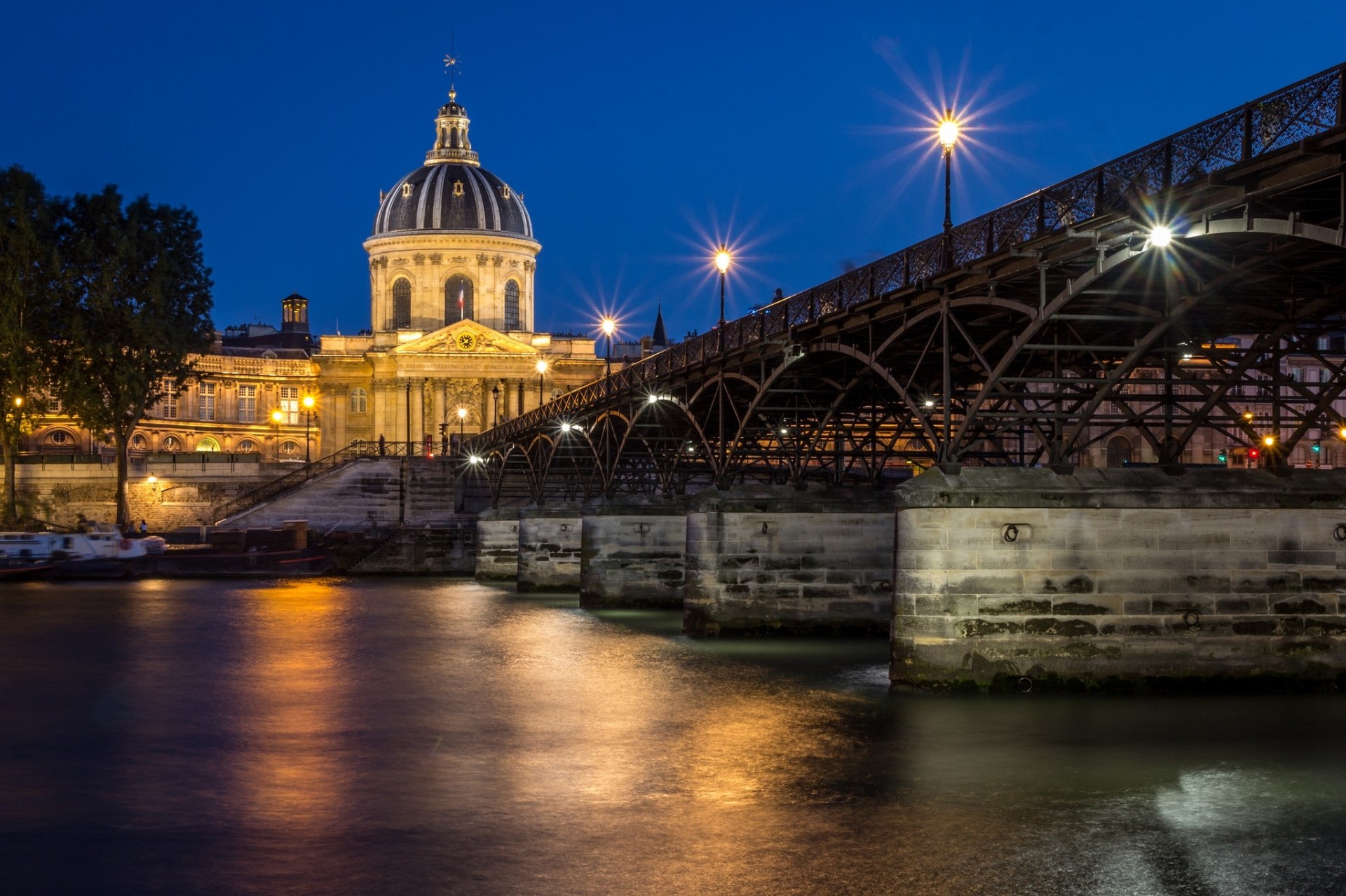 night river france bridge paris town boat