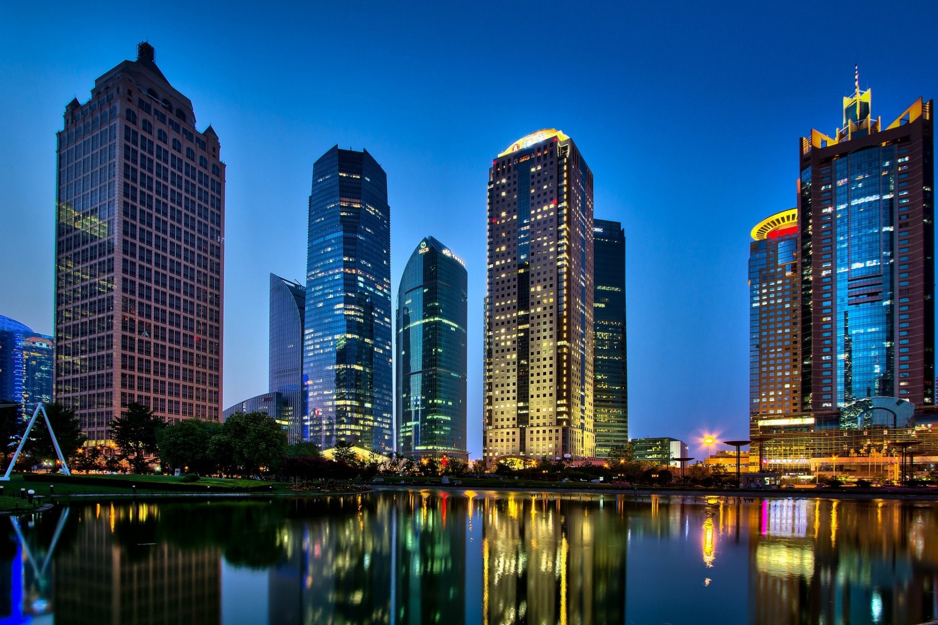 río huangpu china rascacielos shanghai reflexión edificio ciudad de la noche