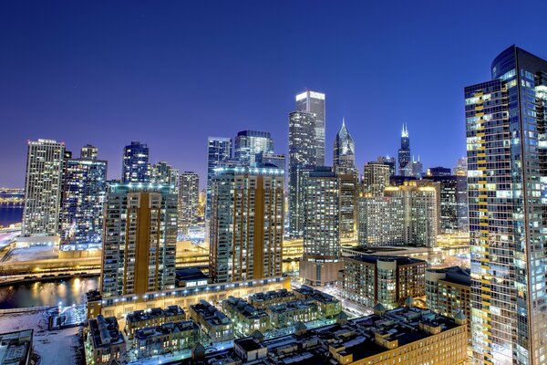 Skyscrapers of the night city of Chicago