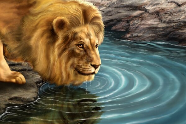 Art of a lion at a small watering hole