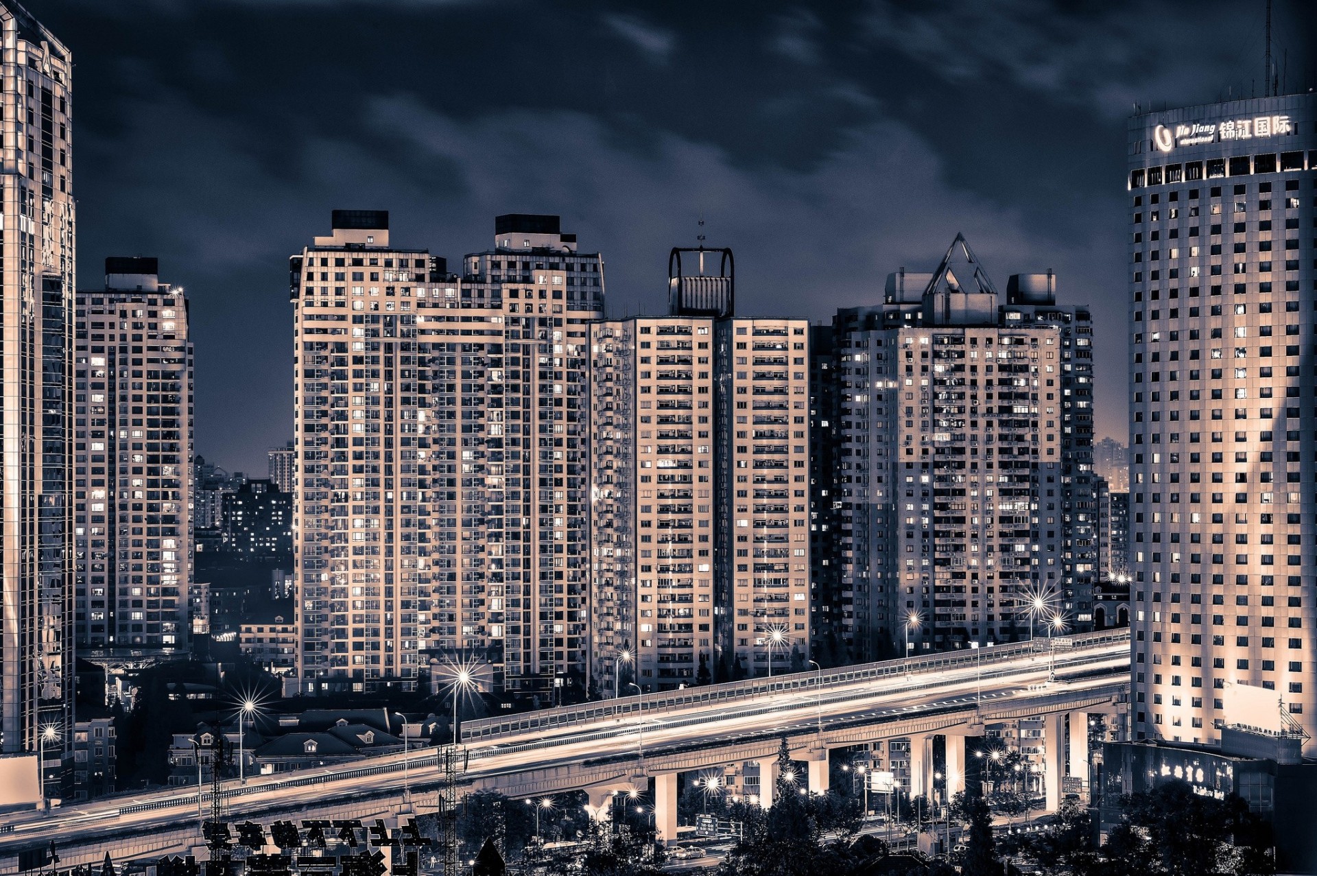 chine shanghai viaduc bâtiment ville de nuit