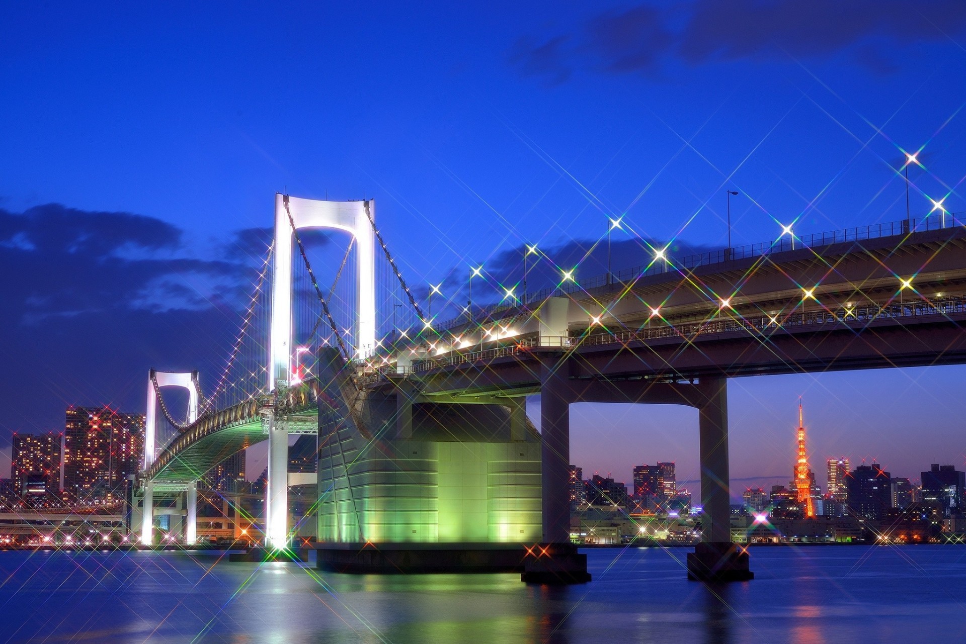 lights gulf capital night tokyo sky bridge metropolis reflections light blue building japan clouds lighting house