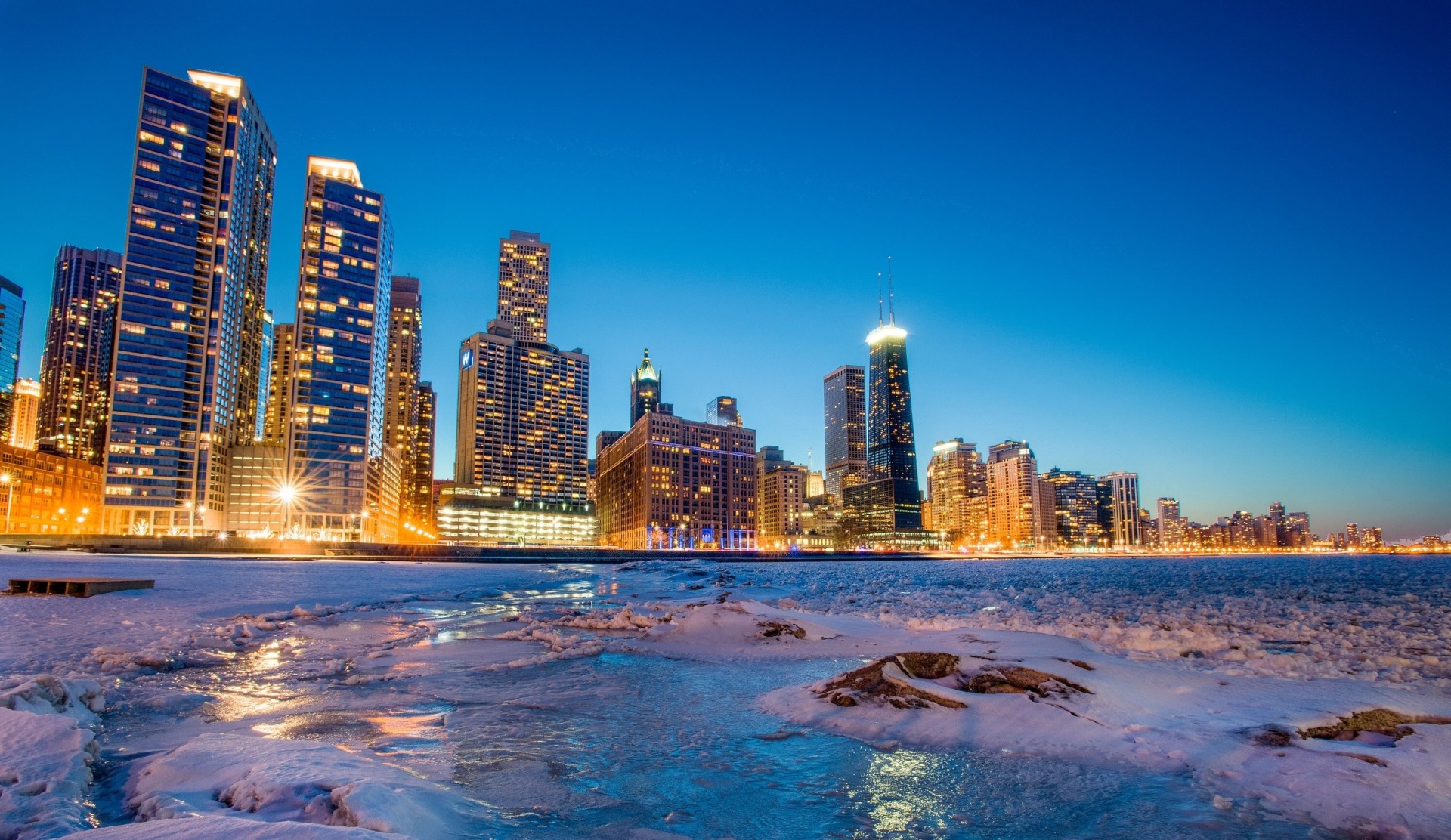 chicago lód drapacze chmur zatoka nocne miasto zima