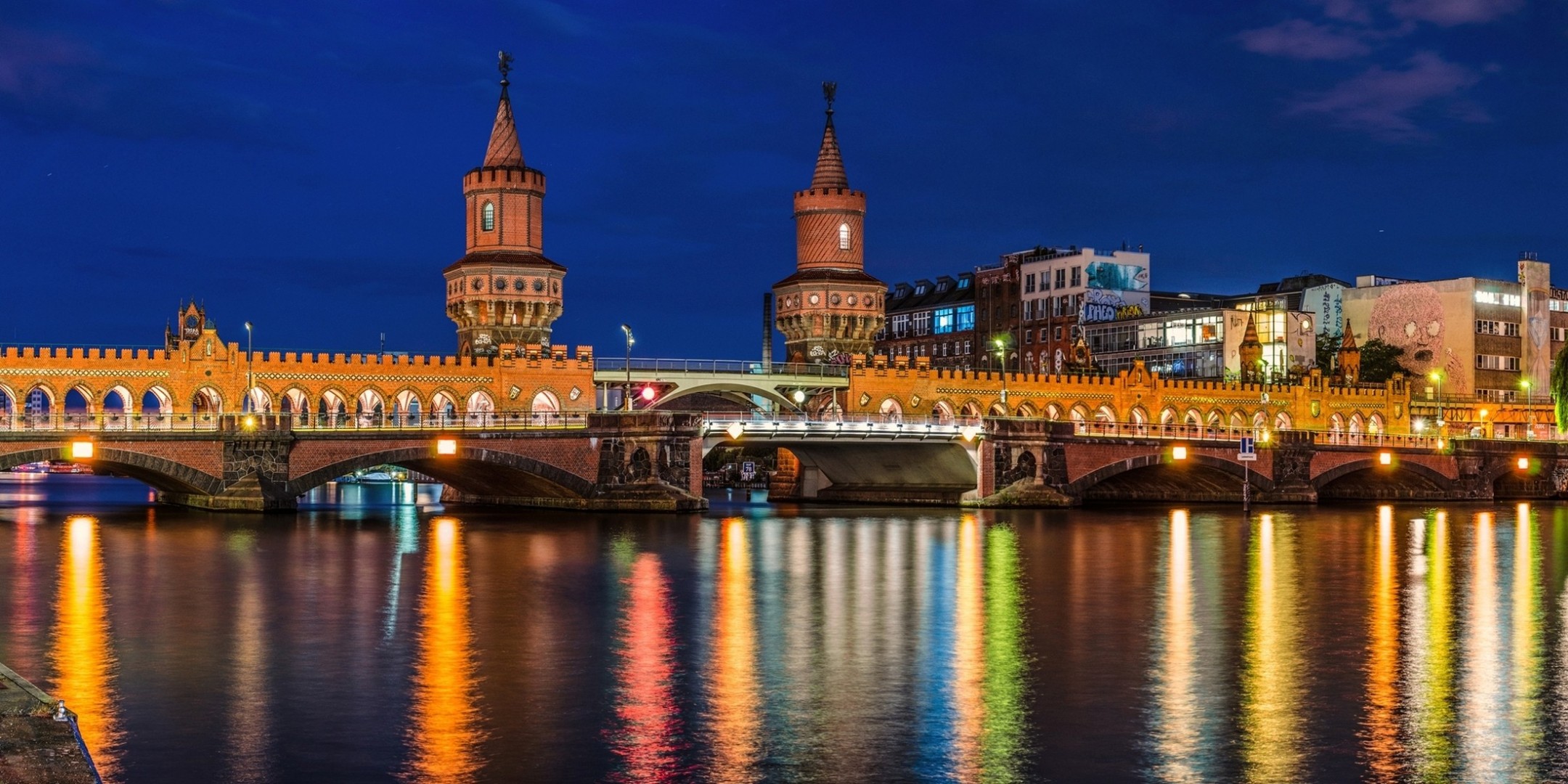 lights oberbaumbrucke river berlin bridge illumination city road germany lighting capital