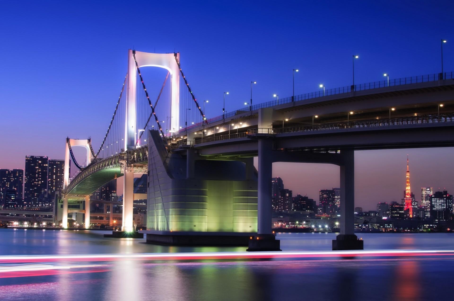 lichter bucht hauptstadt nacht tokio himmel brücke metropole lichter blau gebäude japan turm beleuchtung häuser