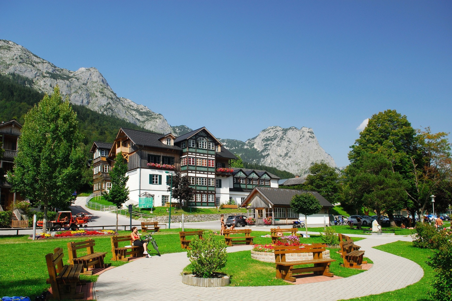 town landscape summer sky styria grundlsee benches mountain austria house