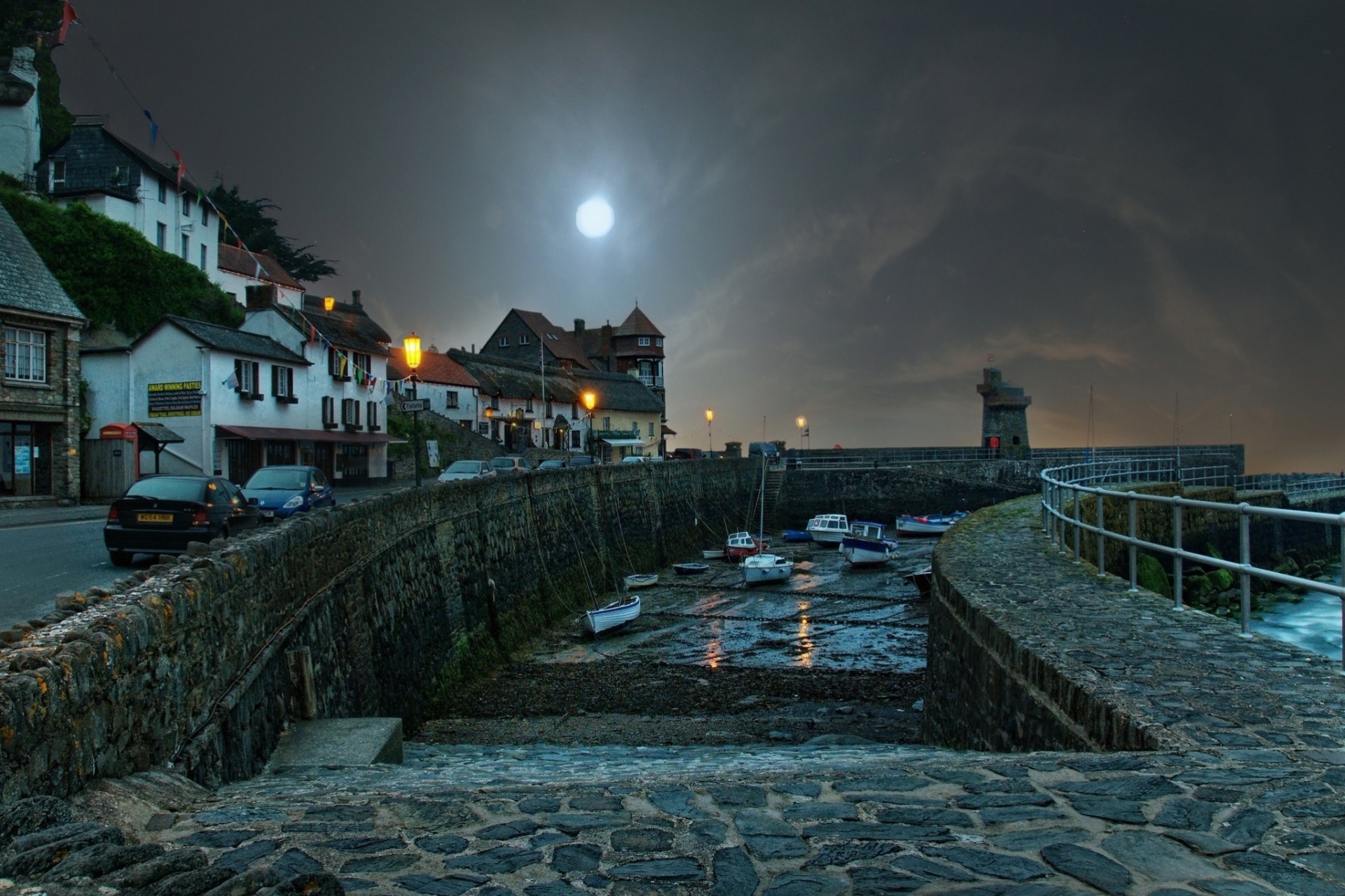 devon großbritannien nacht england treppen stadt straße boote promenade häuser