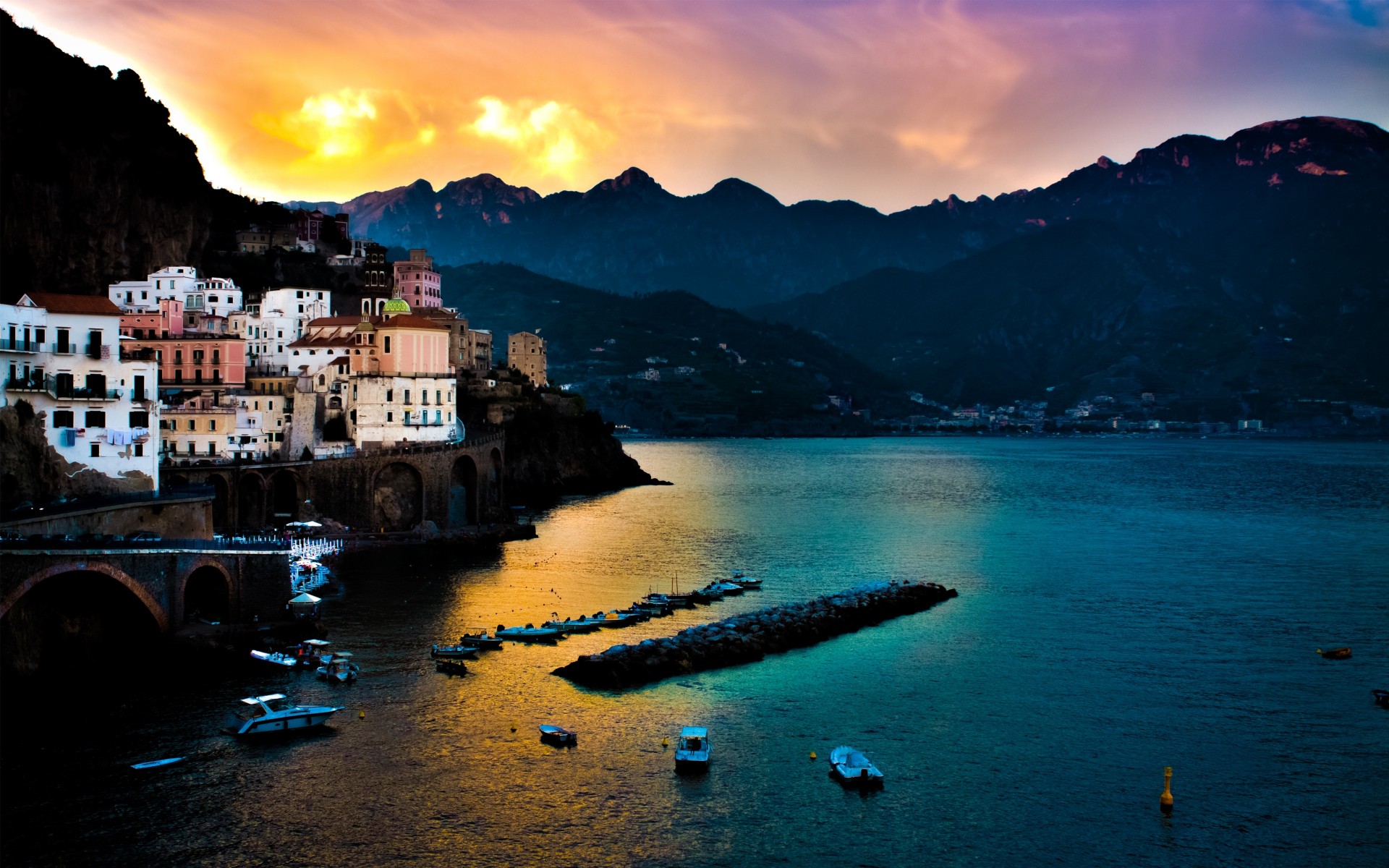 italy amalfi sunset sea town