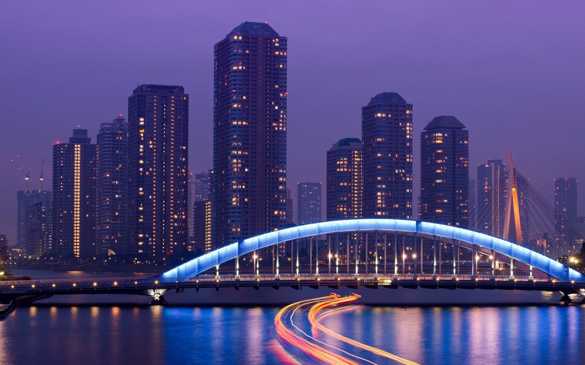 noche puente rascacielos mar japón luz