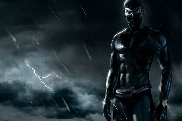 Der schwarze Ninja steht im Regen