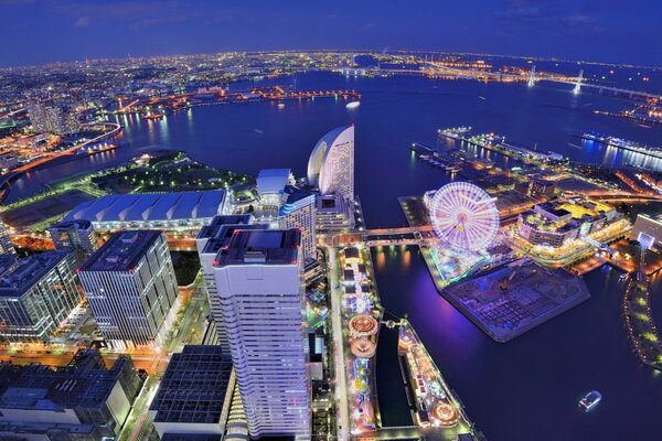 Paysage panoramique de la nuit de Tokyo avec des hauteurs