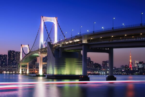 Blick auf die Brücke und die Bucht in der Nacht in Tokio