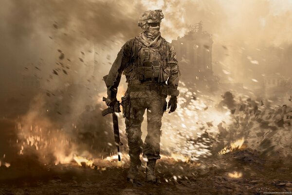 A soldier not looking at an explosion from modern warfare 2