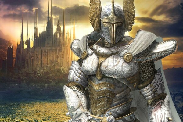 A knight in armor stands near his castle