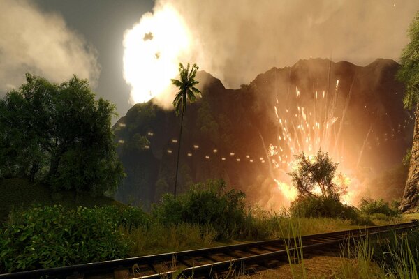 Explosion au milieu de l île avec des palmiers du jeu crysis