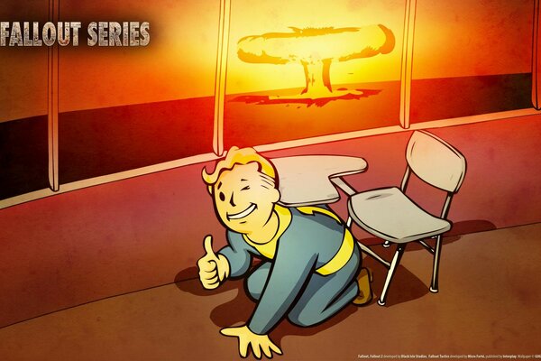 A schoolboy under a desk against the background of a nuclear explosion