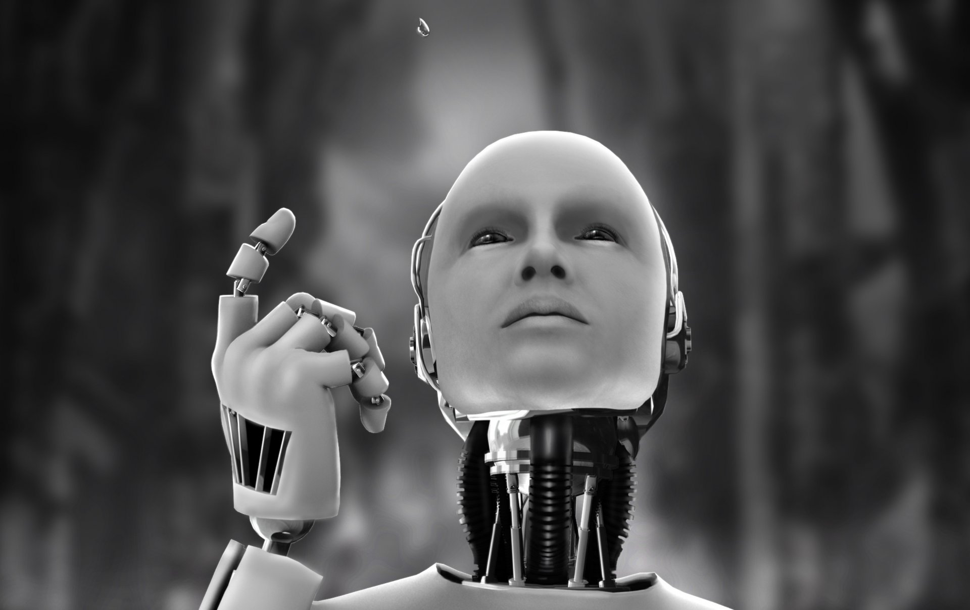 robot human form a drop of water cyborg android black and white