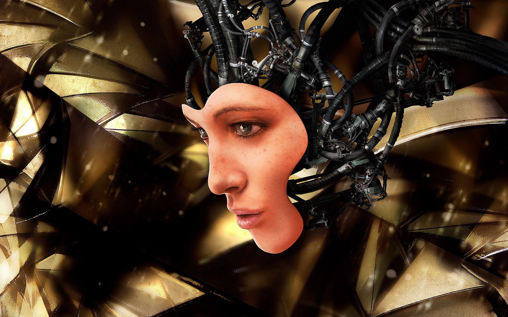 faccia della donna robot vetro cyborg androide