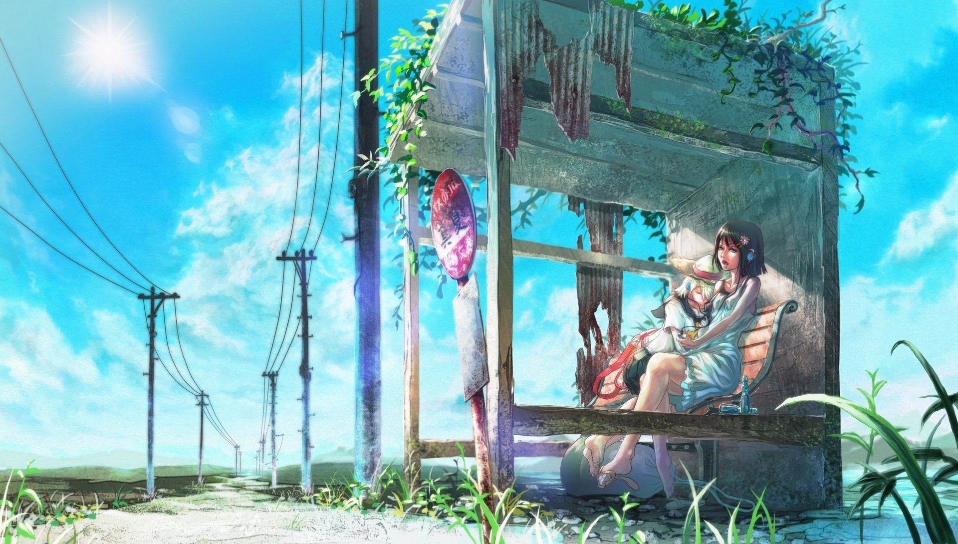 asian beauty stops-a road pillars stop drawings path drawing summer clear sky clouds sun lovers gazebo bench leaves thickets wires poles girls-a roads-a pillars-a sky-a