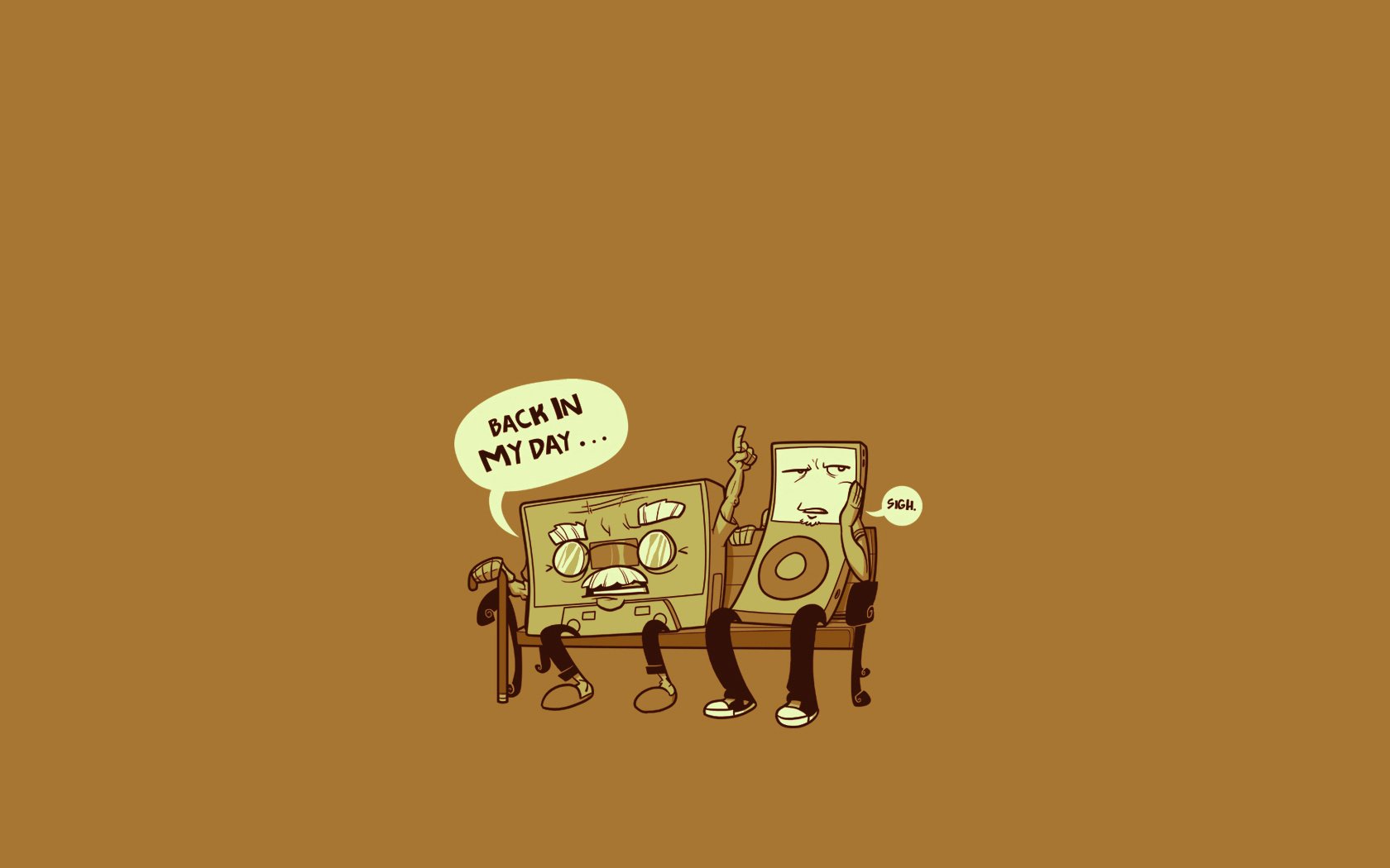 friends on the bench mp3 player minimalism cassette brown background background crank bench caricature men