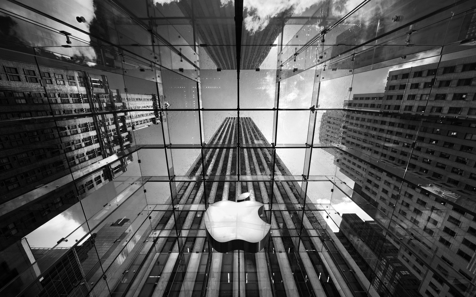 apfel glas hochhäuser grau apple embleme logos wolkenkratzer schwarzweiß