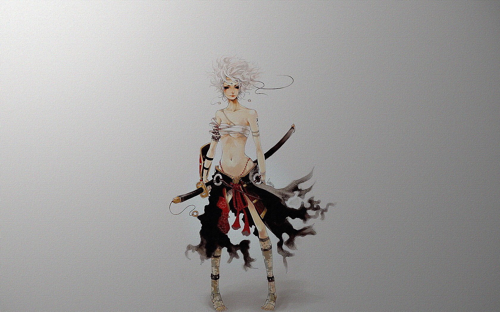 minimalism blonde samurai sword costume girls grey background weapons creative chest navel feet warrior