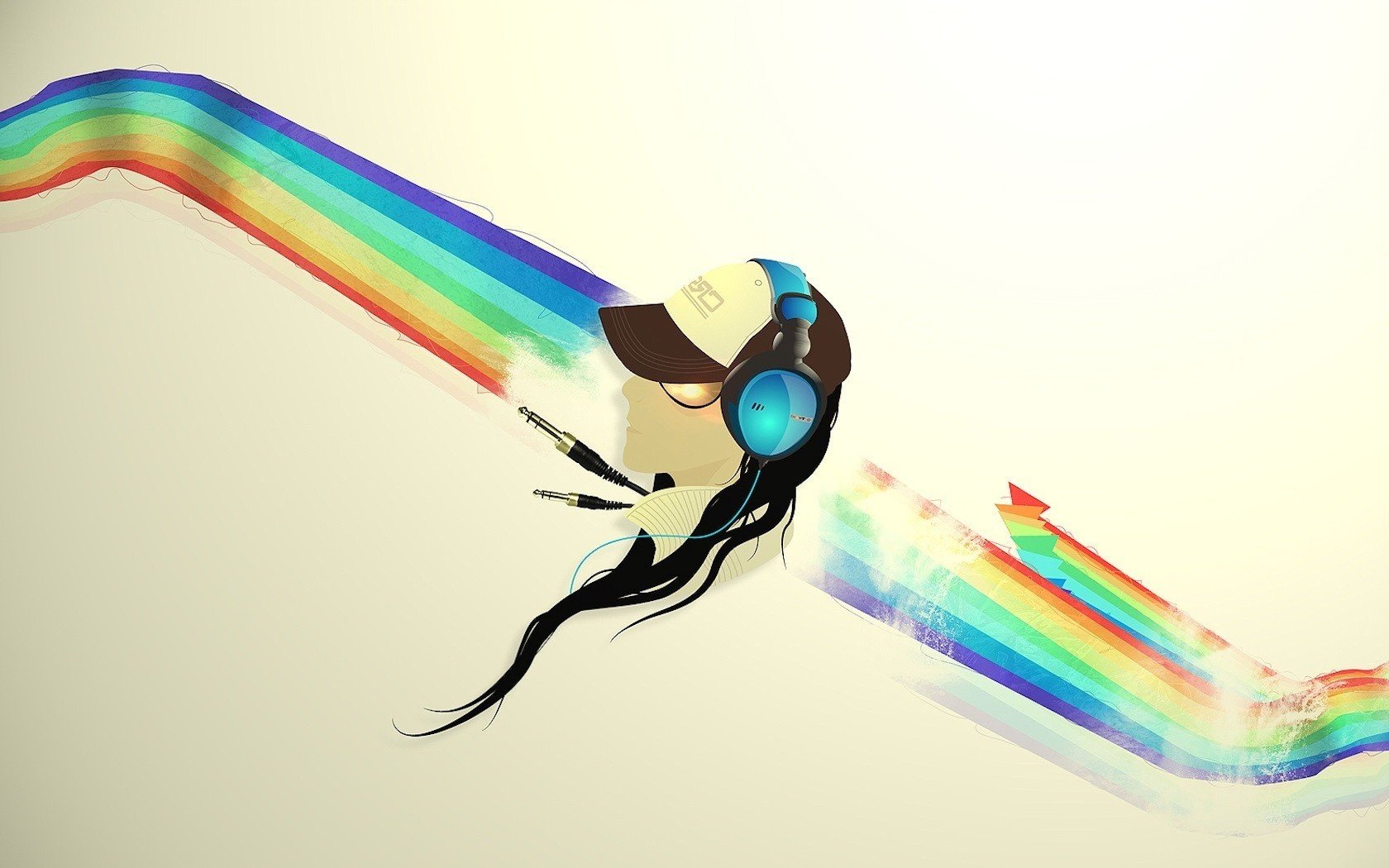 plug yellowish background rainbow girl in headphones profile cap different colors headphones girl