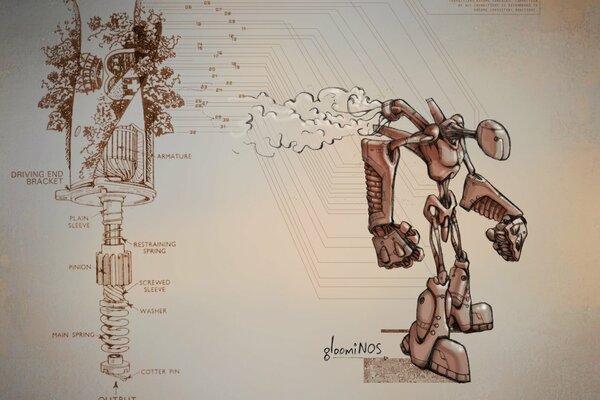 Cartoon diagram of the robot in bed tones