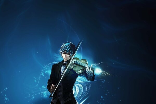 A guy with a violin in a suit on a blue background