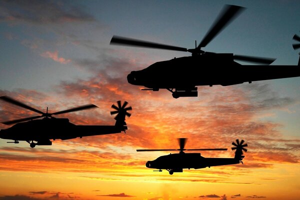 Militärhubschrauber unter Sonnenuntergang